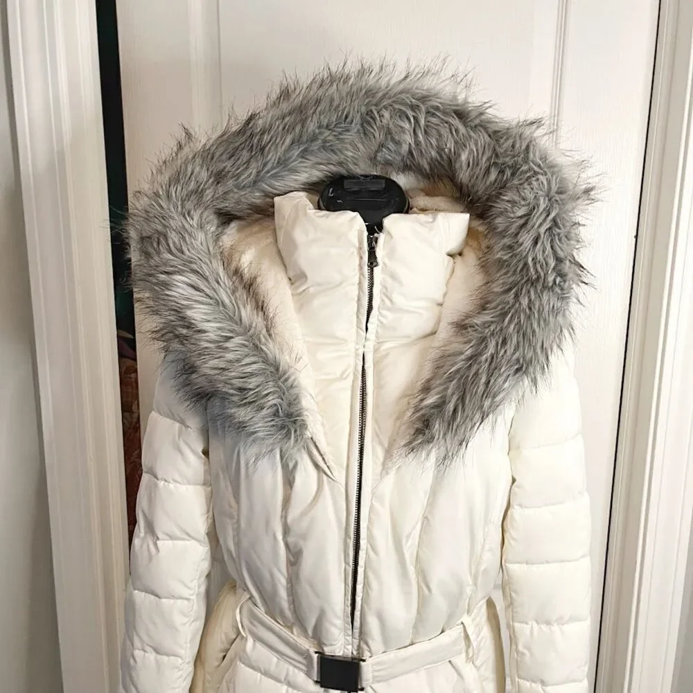 Bar III Quilted Puffer Faux Fur Hooded Belted Lined Pocket Parka Coat - Picture 6 of 16